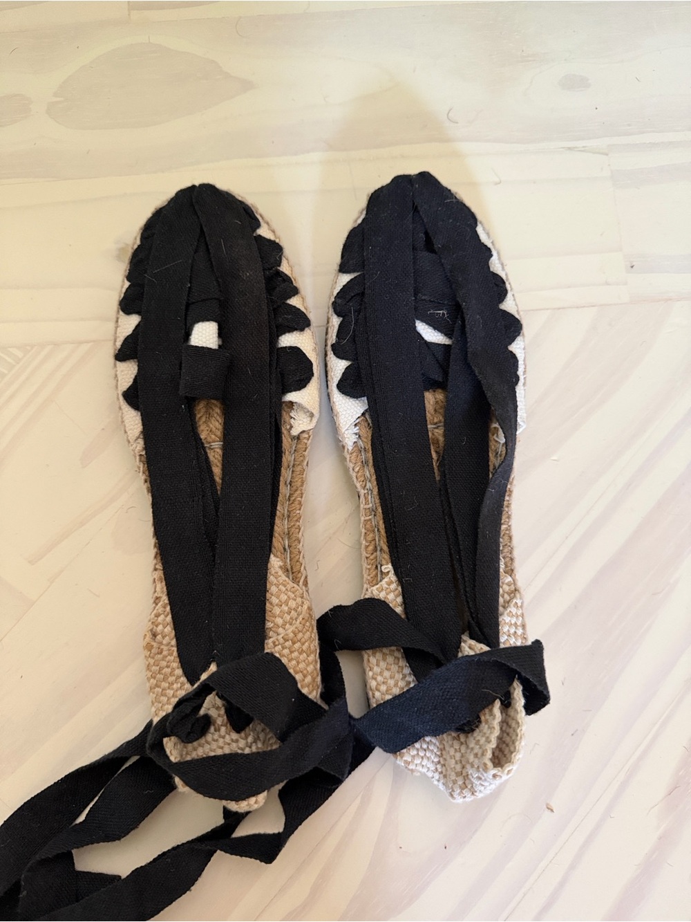 Woven Espadrille Flats with Black Wrap Straps
